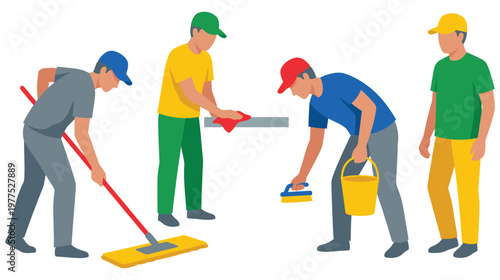 Professional cleaning crew team working together with janitorial equipment set.