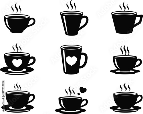 Collection of nine black silhouette featuring various coffee cups and mugs with rising steam swirls and heart shapes isolated on a white background for beverage and cafe menu branding