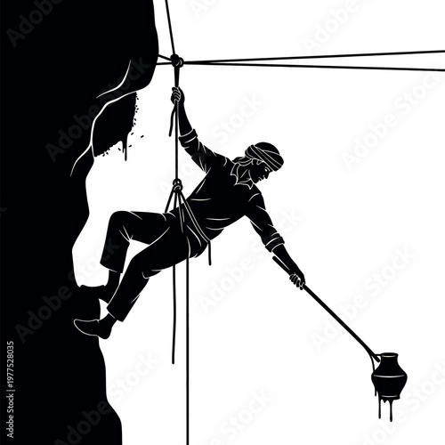 A silhouetted illustration depicts a rock climber ascending a steep cliff face showcasing strength and determination