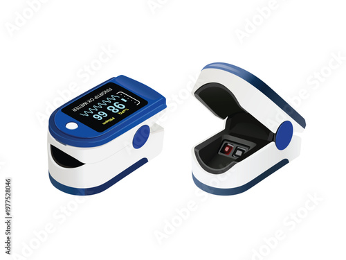 Realistic Vector Illustration of Pulse Oximeter Device Open and Closed, Oxygen Saturation Monitor
