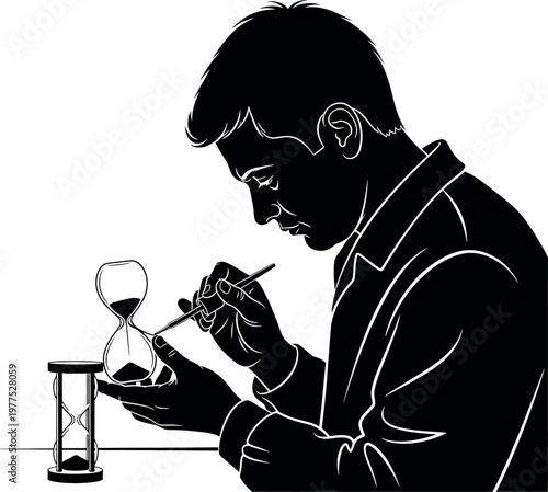 Title a contemplative man in a suit meticulously writes while observing an hourglass symbolizing the passage of time and mortality