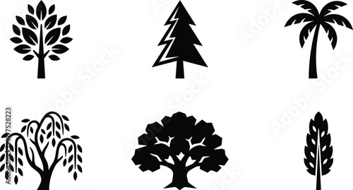 Six different types of trees are shown in simple outline style