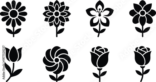 Collection of simple line art flower outlines including daisies, orchids, tulips, and roses on a black background