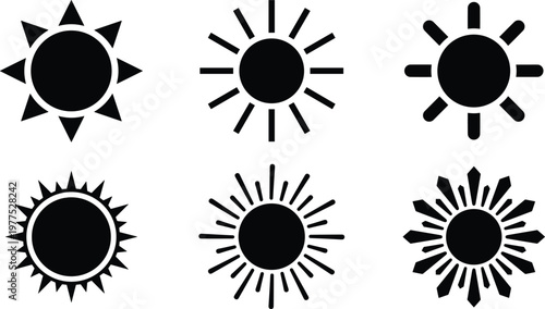 Six different sun symbols in outline style