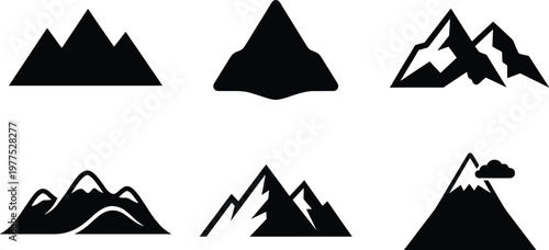 Collection of simple mountain line art icons showing various peaks and terrain