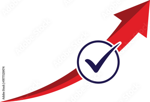 Red upward pointing arrow with a dark blue circular checkmark representing growth and success on a white background