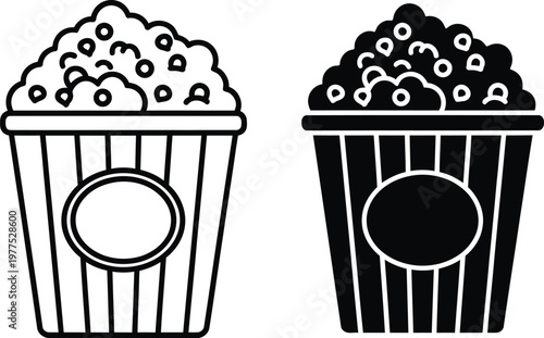 Two popcorn buckets one outlined and one filled in isolated on white background