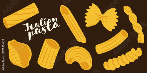 Hand drawn collection of various Italian pasta shapes like penne, farfalle, and fusilli on dark background. Perfect for restaurant menus, food blogs, and kitchen decor.