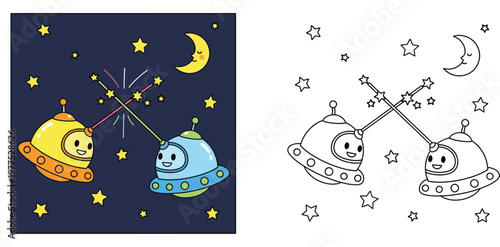Cute UFO Spaceship Friends in Outer Space Cartoon Illustration with Coloring Page Version, Kawaii Alien Craft with Stars and Moon Vector for Kids Activity Books and Education