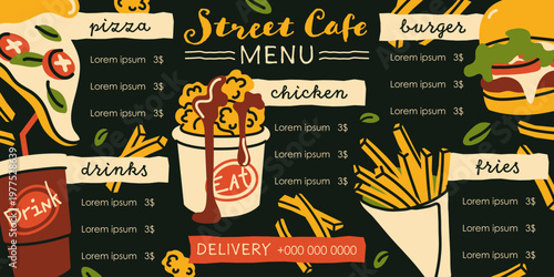 Horizontal fast food menu banner with prices and delivery info. Pizza, burgers, chicken, fries, and drinks in vibrant hand drawn style for street cafe branding and flyers.