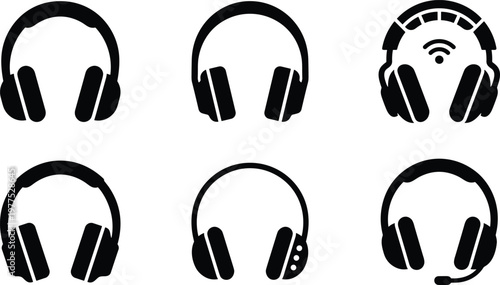 Collection of six outline icons representing different types of headphones including wireless and gaming styles