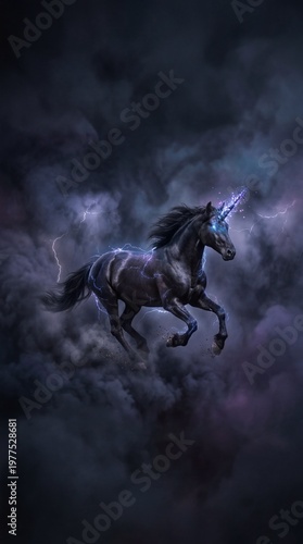 Unicorn running through stormy clouds