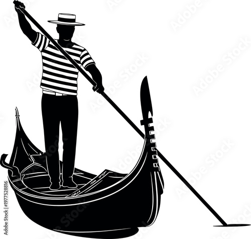 Venetian gondolier illustration a black and white depiction of a gondola and its operator in venice italy