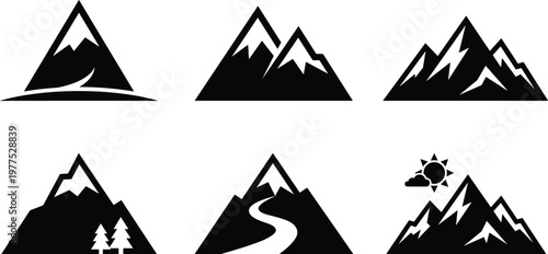 Collection of simple mountain line art illustrations with various features like a path and trees