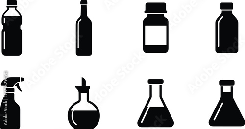 Eight laboratory containers and bottles are shown in a row.