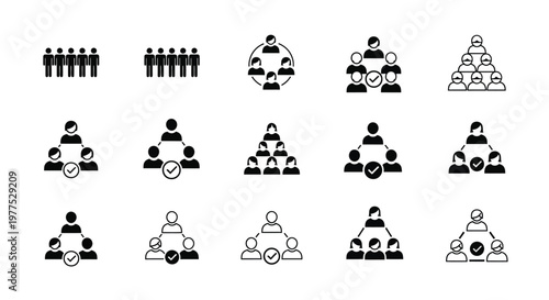 A collection of black and white icons depicting various team structures and hierarchical organization charts