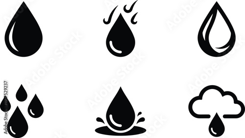 Collection of simple line art icons representing water drops and weather elements