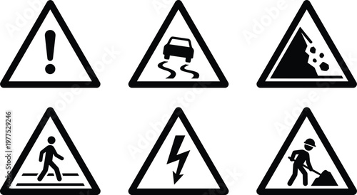 Collection of caution symbols including a slippery road, falling rocks, pedestrian crossing, electrical hazard, and road work