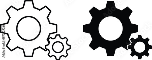 Two pairs of gear showing one outlined set and one solid black silhouette set representing mechanical components and industrial engineering symbols on a plain white background
