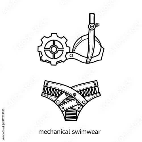 Steampunk mechanical swimwear vector illustration, industrial style bikini with gears and springs, vintage brass lingerie concept art on white background