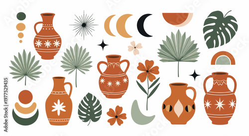Hand Drawn Pottery Terracotta Vases Tropical Palm Leaves Moon Phases Stars and Botanical Flowers Collection for Bohemian Aesthetic Interior Design Branding Projects Elemental Folk design