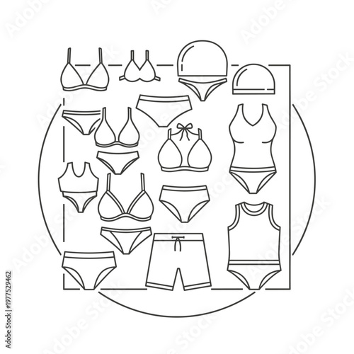 Minimalist swimwear icon set, black and white bikini and swimsuit line art, collection of beachwear and swimming apparel vector elements