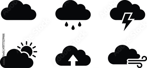 Collection of cloud icons representing various weather conditions like sun, rain, lightning, and wind