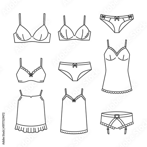 Minimalist lingerie flat sketch vector, high waisted bikini set technical drawing, black and white fashion illustration of a bra and panty