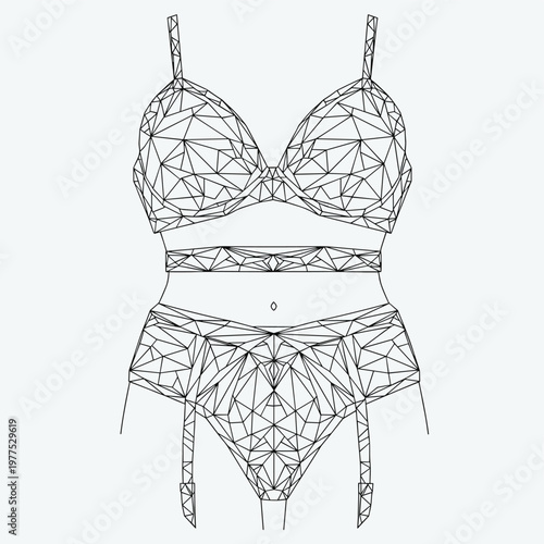 Geometric lingerie set vector illustration, low poly wireframe bra and panties with garter belt, black and white fashion technical drawing