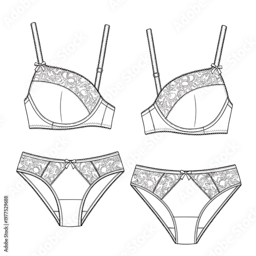 Foto Lingerie fashion technical sketch vector, lace bra and panty set flat drawing, f