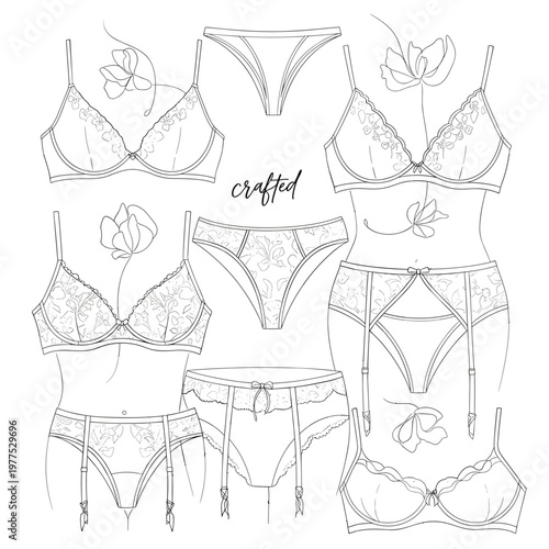 Lingerie line art collection, elegant lace bra and panties set vector, feminine underwear sketches with floral elements, bridal intimate apparel