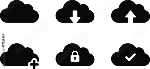 Simple icons showing cloud shapes with various functions like download upload security and completion