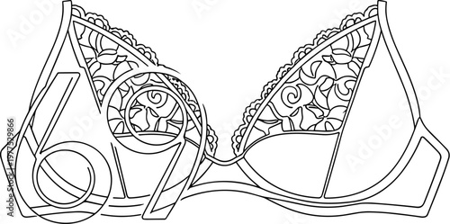 Lace bra vector illustration with number 69, elegant lingerie line art, feminine underwear design element for fashion and adult themes
