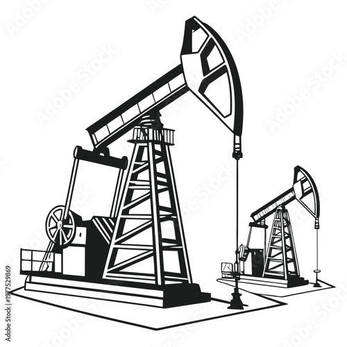 A black and white illustration depicts two oil pumps also known as nodding donkeys extracting resources from the ground high quality professional