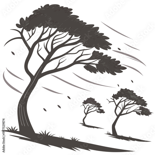 Принти на полотні A stylized black and white illustration depicts windswept trees showcasing their