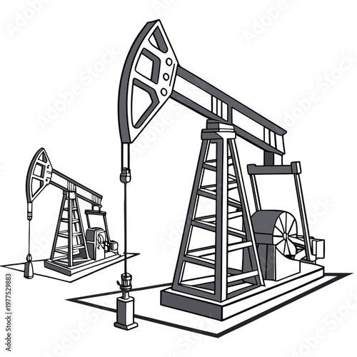 A black and white illustration depicts two oil pumps also known as nodding donkeys extracting crude oil from the ground high quality