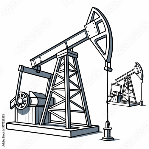 An illustrative depiction showcases two oil pumps also known as nodding donkeys in a black and white line art style representing energy