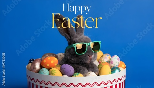 Happy Easter Holiday Greeting Card Design with Colorful Eggs and Spring Floral Background