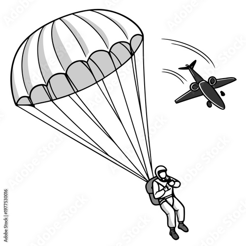 A sketched illustration depicts a parachutist descending with a small airplane visible in the background trailing smoke high quality professional detailed modern