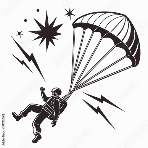 A stylized black and white illustration depicts a parachutist descending amidst dynamic starbursts and lightning bolt accents high quality professional detailed modern