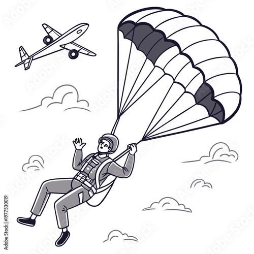 A stylized illustration depicts a skydiver descending with a parachute while a small airplane flies nearby amidst fluffy clouds high quality professional