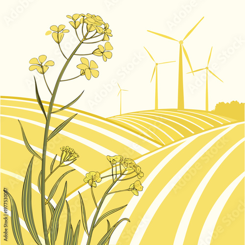 A stylized illustration depicts a field of yellow flowers alongside rolling hills and several modern wind turbines in the distance high quality