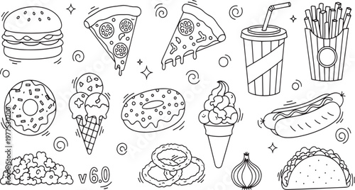 Fast food junk food and delicious snacks collection with burger pizza fries donuts hot dog and ice cream hand drawn vector illustration doodle art