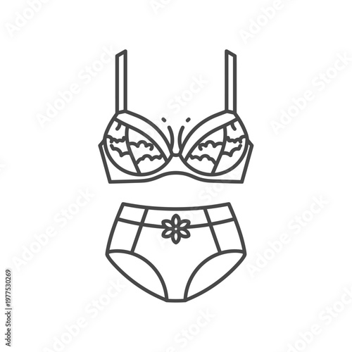 Minimalist lingerie set vector icon, elegant lace bra and high-waisted panties line art, feminine underwear fashion illustration on white background