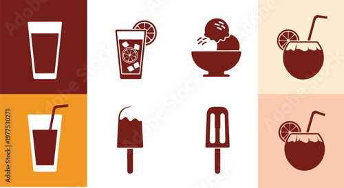 Set of icons representing various refreshing summer drinks and frozen desserts