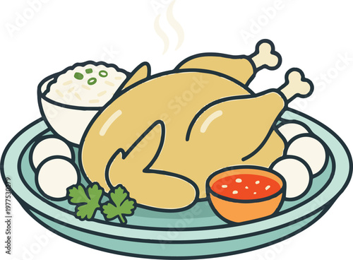 Illustration of a whole cooked chicken served on a plate with rice, dipping sauce, herbs, and side garnishes in a clean, minimal vector style.