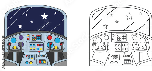 Spaceship Cockpit View Cartoon Illustration with Coloring Page Version, Kawaii Space Travel Control Panel Vector for Kids Activity Books and Science Education