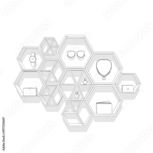 Minimalist hexagonal display shelf vector, modern honeycomb wall organizer with fashion accessories, white geometric shelving unit for retail