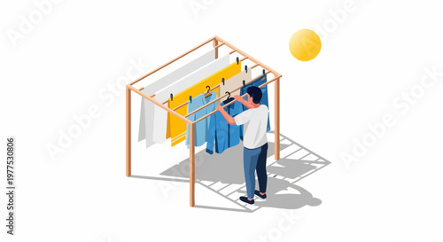 Man Hanging Laundry on a Wooden Drying Rack Under the Sun Isometric Vector Illustration for Sustainable Lifestyle and Housework Concept
