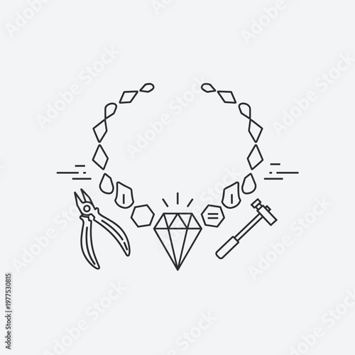 Minimalist jewelry craft vector icon, diamond necklace with jeweler tools, thin line art illustration of gemstone workshop and goldsmith equipment